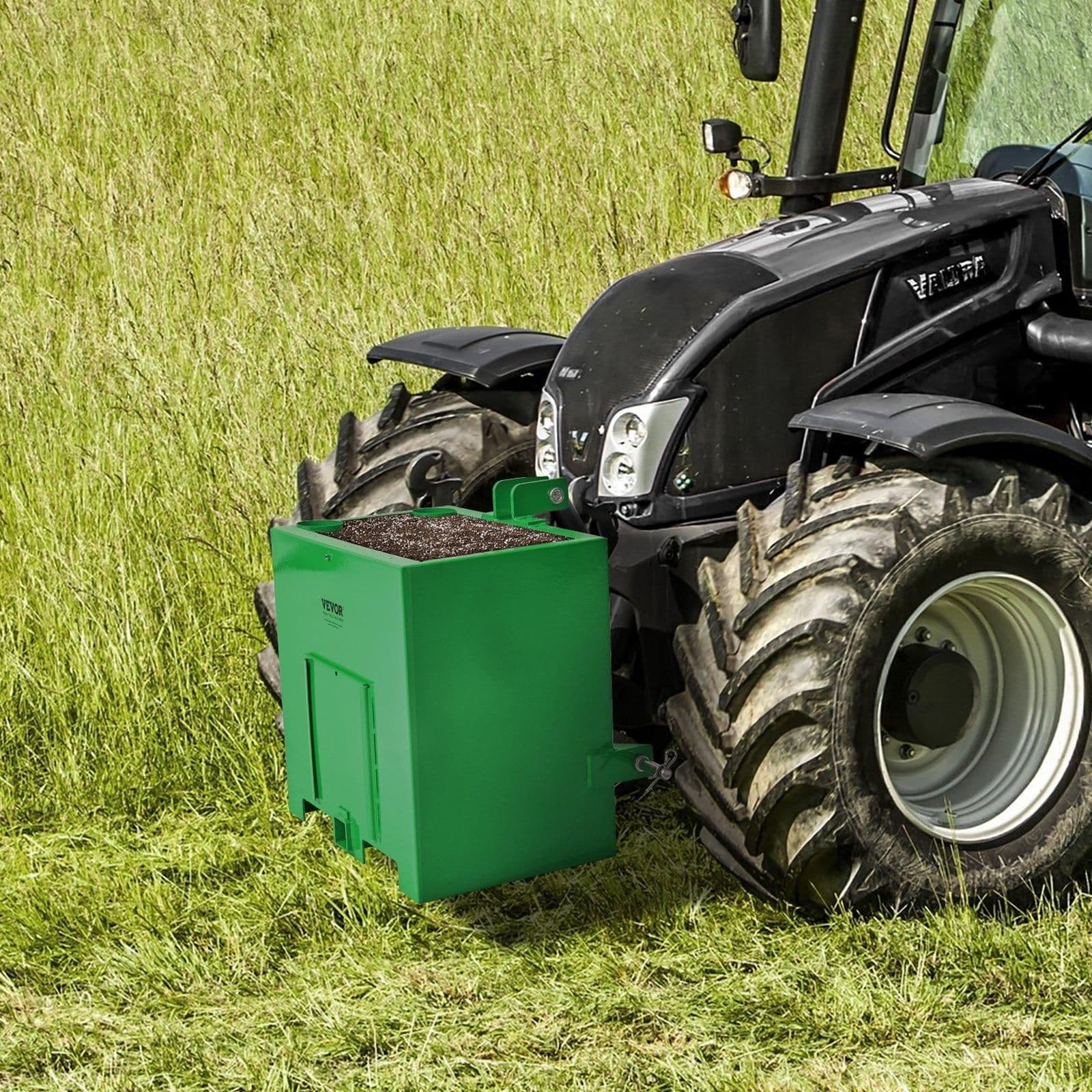 image-VEVOR Ballast Box, Corrosion-Proof 3-Point Category 1 Tractor Ballast of 800lbs Load Capacity for 2" Hitch Receiver, Heavy-Duty Thickened Steel 5ft³ Volume, Loader Attachment with Sliding Door, Green