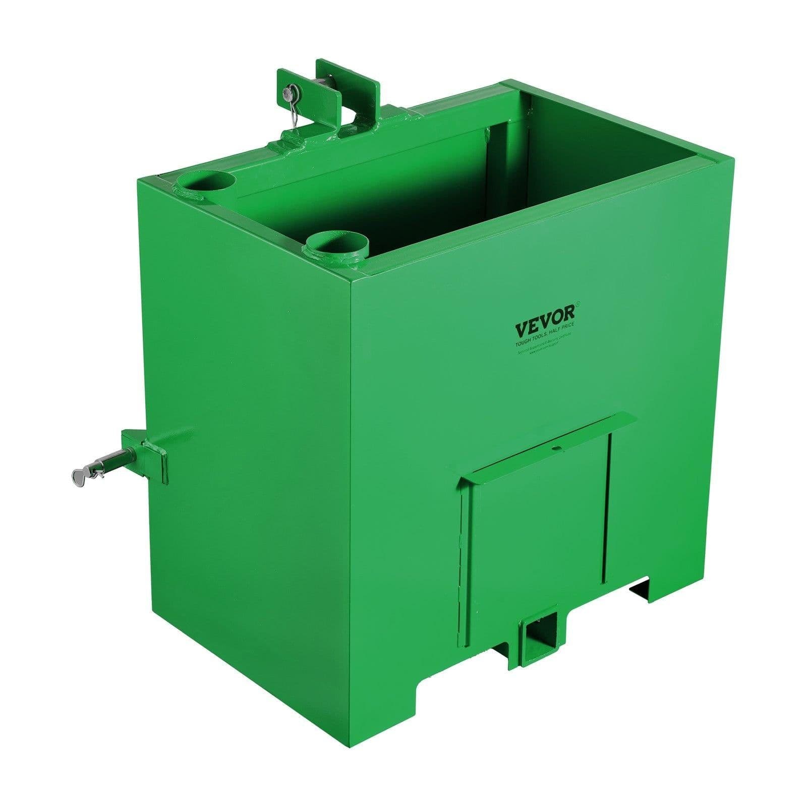 image-VEVOR Ballast Box, Corrosion-Proof 3-Point Category 1 Tractor Ballast of 800lbs Load Capacity for 2" Hitch Receiver, Heavy-Duty Thickened Steel 5ft³ Volume, Loader Attachment with Sliding Door, Green