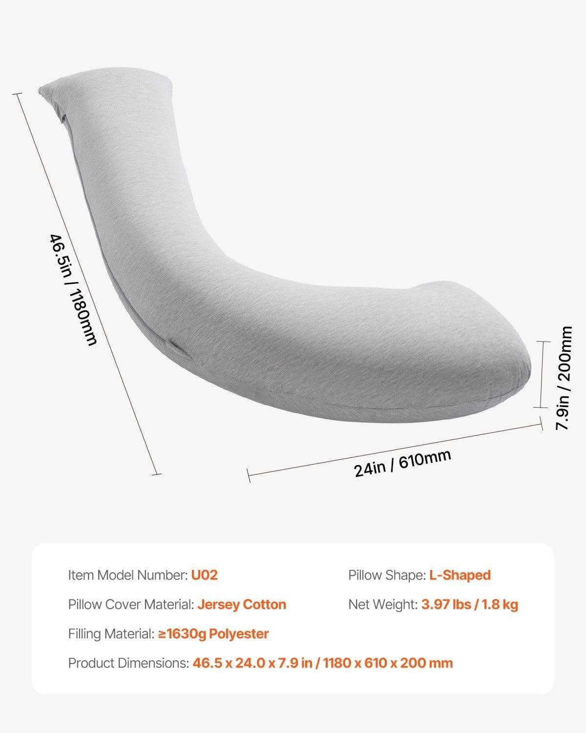 image-VEVOR Pregnancy Pillows for Side Sleeping, L-Shaped Maternity Pillow for Pregnant Women, Soft & Breathable Pregnancy Body Pillow with Washable Jersey Cover for Head Neck Belly Leg Support, Light Gray