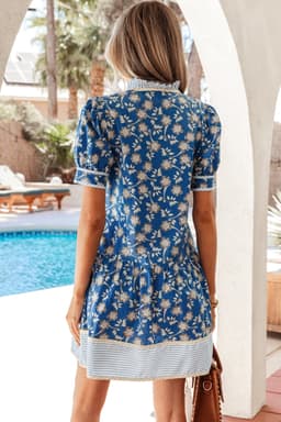 image-Blue Striped Trim Floral Dress Short Sleeve