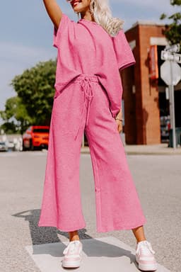 image-Strawberry Pink Textured Loose Fit T Shirt and Drawstring Pants Set