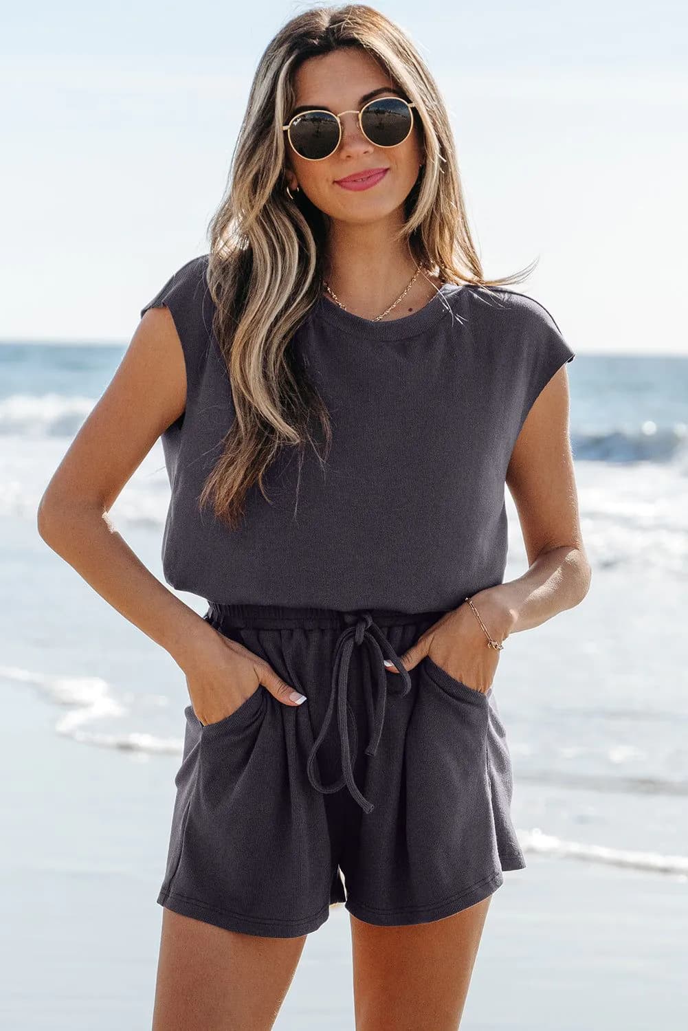 image-Bristol Black Knit Open Back Cap Sleeve Drawstring Elastic Waistband Romper