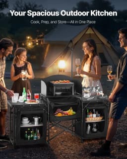 image-VEVOR Camping Kitchen Table, Outdoor Camp Cooking Table, Aluminum Portable Cook Station with 3 Storage Cupboard, Carrying Bag, Detachable Windscreen, Quick Set-up for BBQ Party Picnic RV Travel, Black