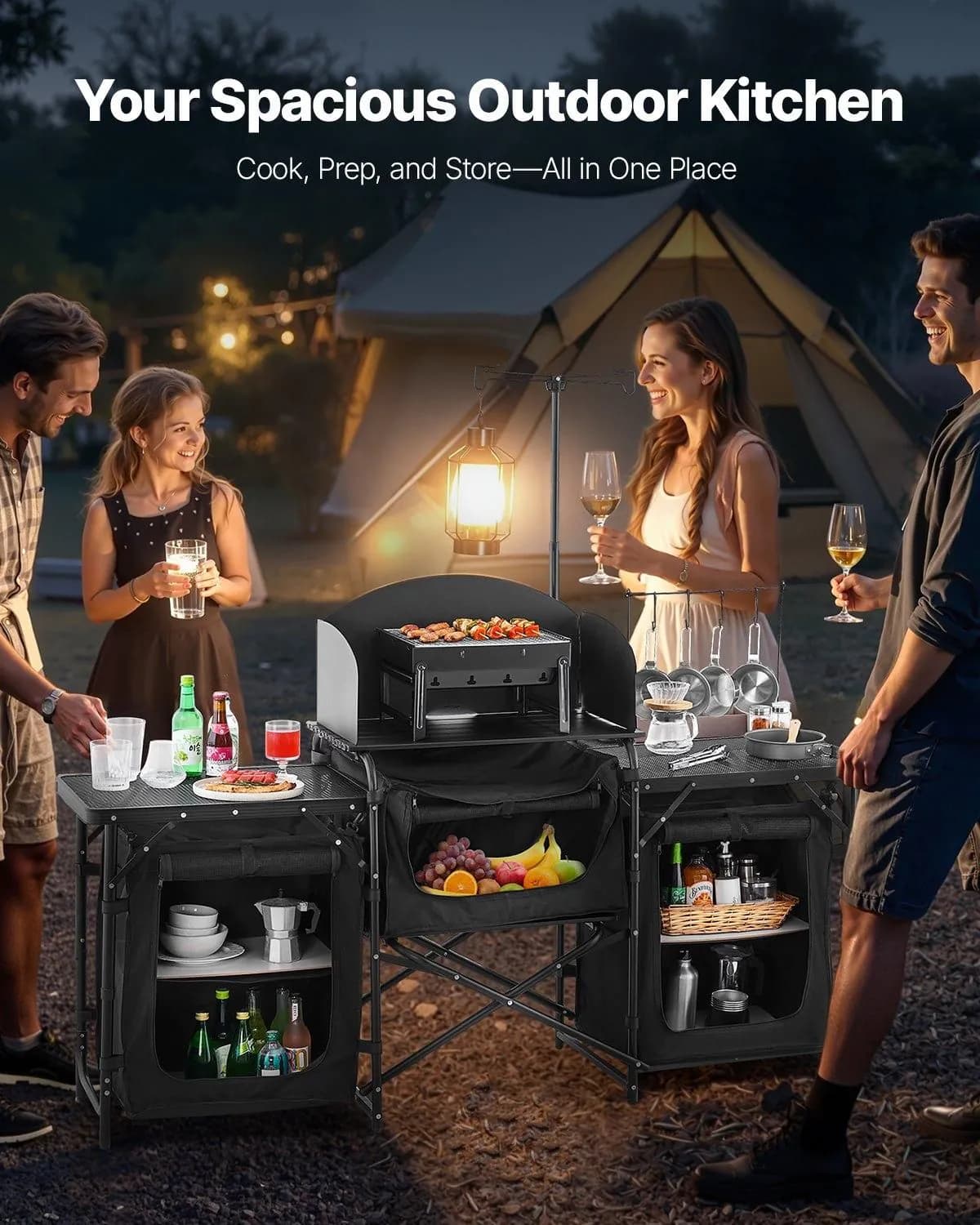 image-VEVOR Camping Kitchen Table, Outdoor Camp Cooking Table, Aluminum Portable Cook Station with 3 Storage Cupboard, Carrying Bag, Detachable Windscreen, Quick Set-up for BBQ Party Picnic RV Travel, Black