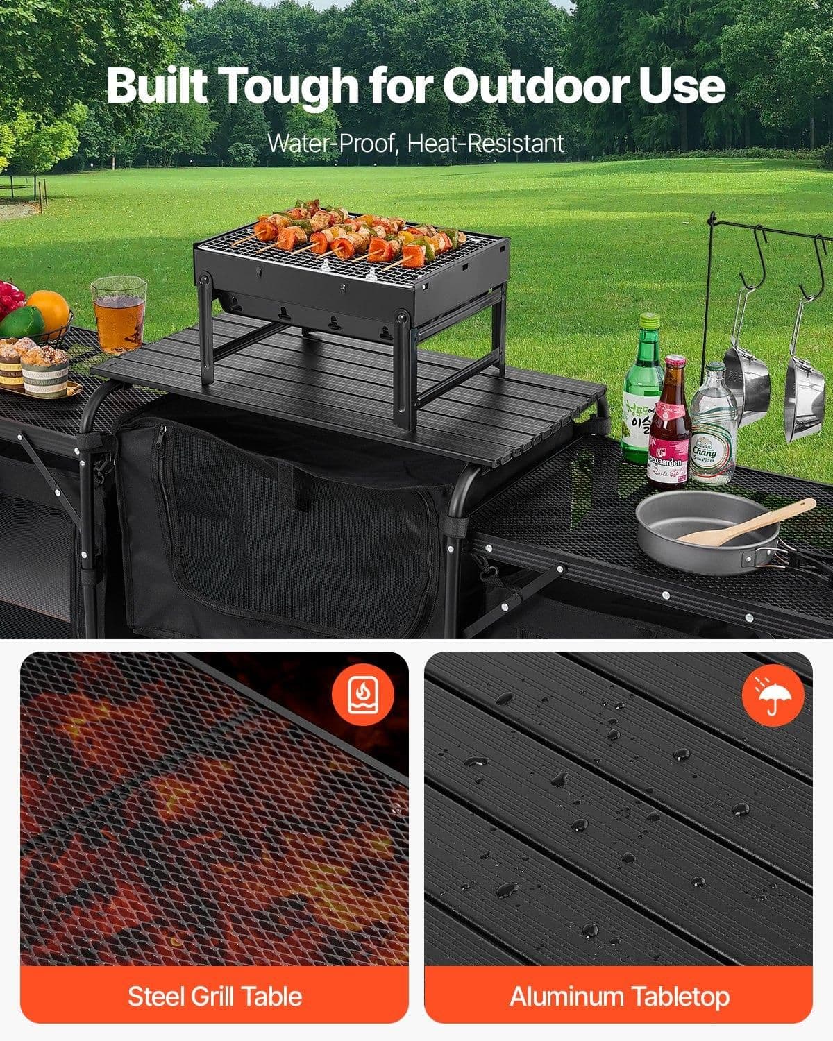 image-VEVOR Camping Kitchen Table, Outdoor Camp Cooking Table, Aluminum Portable Cook Station with 3 Storage Cupboard, Carrying Bag, Detachable Windscreen, Quick Set-up for BBQ Party Picnic RV Travel, Black