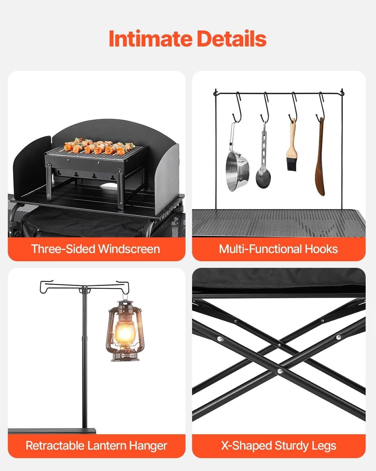 image-VEVOR Camping Kitchen Table, Outdoor Camp Cooking Table, Aluminum Portable Cook Station with 3 Storage Cupboard, Carrying Bag, Detachable Windscreen, Quick Set-up for BBQ Party Picnic RV Travel, Black