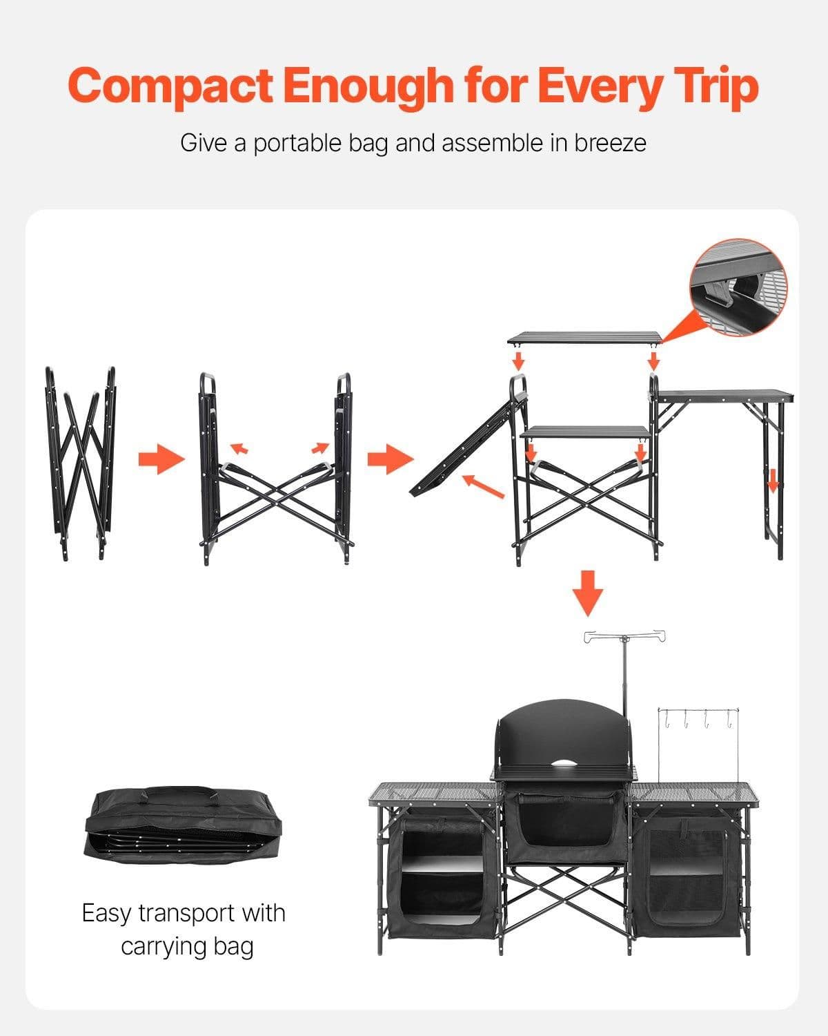 image-VEVOR Camping Kitchen Table, Outdoor Camp Cooking Table, Aluminum Portable Cook Station with 3 Storage Cupboard, Carrying Bag, Detachable Windscreen, Quick Set-up for BBQ Party Picnic RV Travel, Black