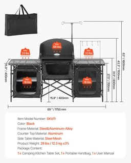 image-VEVOR Camping Kitchen Table, Outdoor Camp Cooking Table, Aluminum Portable Cook Station with 3 Storage Cupboard, Carrying Bag, Detachable Windscreen, Quick Set-up for BBQ Party Picnic RV Travel, Black