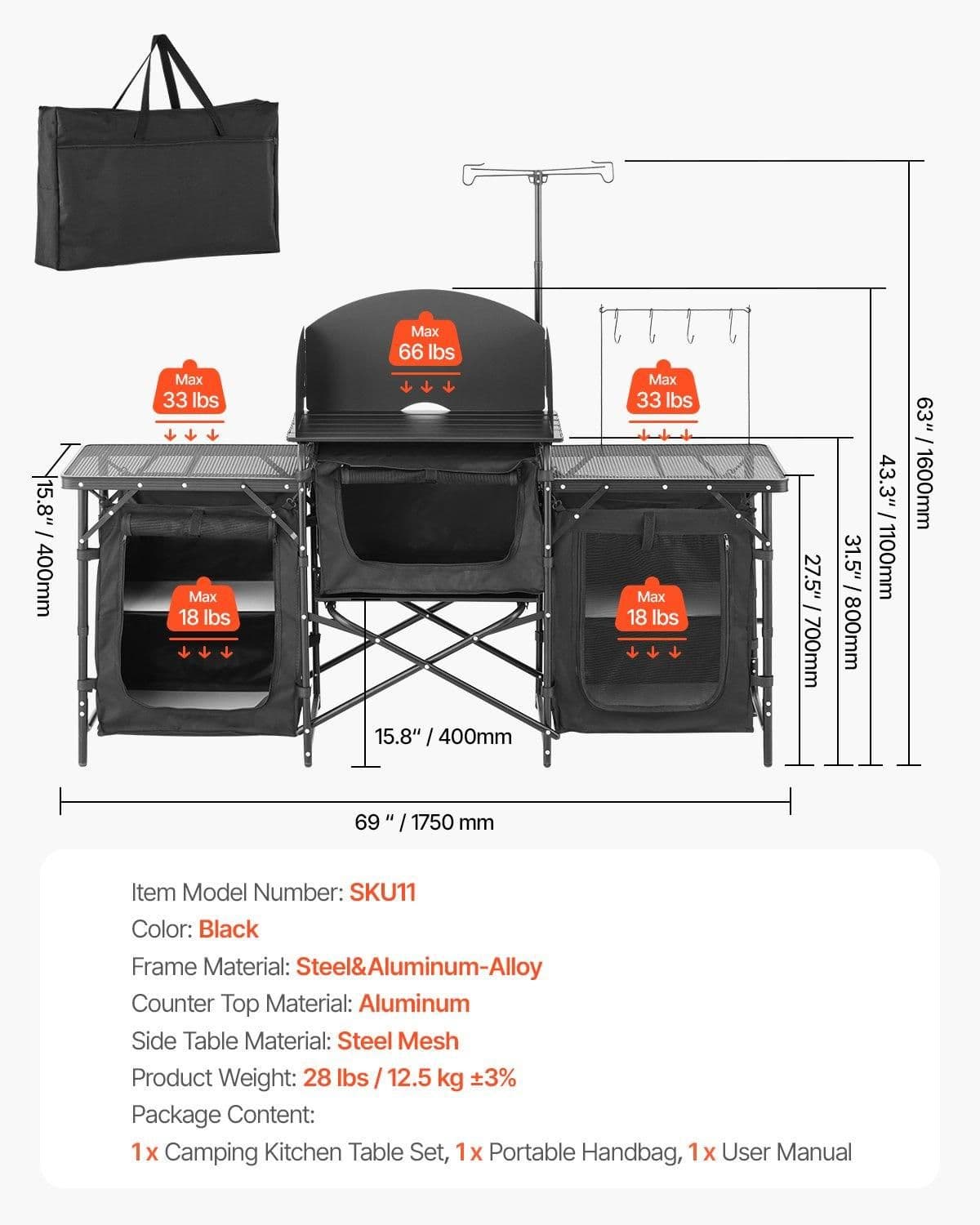 image-VEVOR Camping Kitchen Table, Outdoor Camp Cooking Table, Aluminum Portable Cook Station with 3 Storage Cupboard, Carrying Bag, Detachable Windscreen, Quick Set-up for BBQ Party Picnic RV Travel, Black