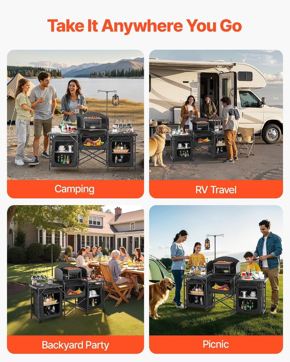 image-VEVOR Camping Kitchen Table, Outdoor Camp Cooking Table, Aluminum Portable Cook Station with 3 Storage Cupboard, Carrying Bag, Detachable Windscreen, Quick Set-up for BBQ Party Picnic RV Travel, Black