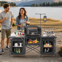 image-VEVOR Camping Kitchen Table, Outdoor Camp Cooking Table, Aluminum Portable Cook Station with 3 Storage Cupboard, Carrying Bag, Detachable Windscreen, Quick Set-up for BBQ Party Picnic RV Travel, Black