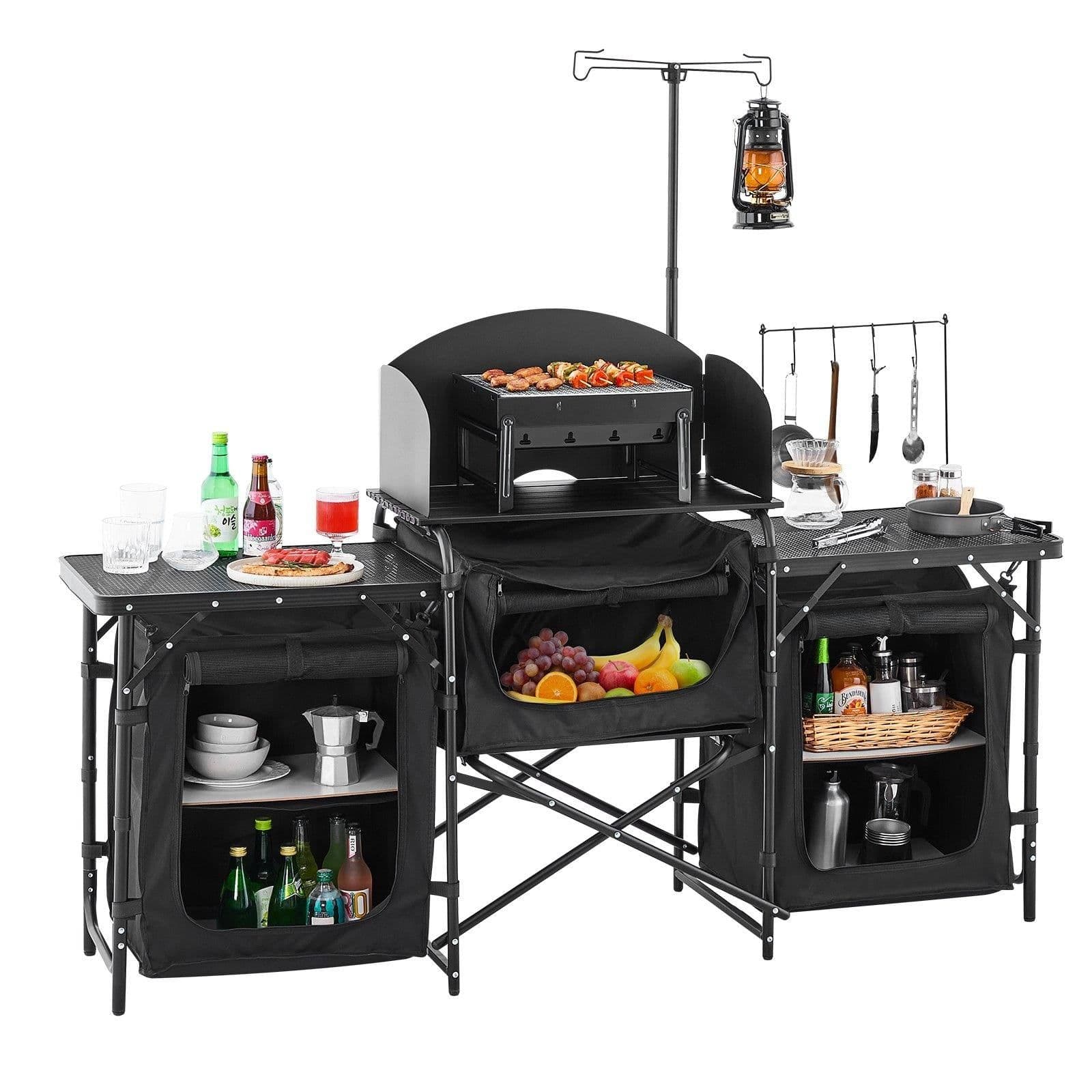 image-VEVOR Camping Kitchen Table, Outdoor Camp Cooking Table, Aluminum Portable Cook Station with 3 Storage Cupboard, Carrying Bag, Detachable Windscreen, Quick Set-up for BBQ Party Picnic RV Travel, Black