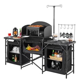 image-VEVOR Camping Kitchen Table, Outdoor Camp Cooking Table, Aluminum Portable Cook Station with 3 Storage Cupboard, Carrying Bag, Detachable Windscreen, Quick Set-up for BBQ Party Picnic RV Travel, Black