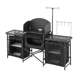 image-VEVOR Camping Kitchen Table, Outdoor Camp Cooking Table, Aluminum Portable Cook Station with 3 Storage Cupboard, Carrying Bag, Detachable Windscreen, Quick Set-up for BBQ Party Picnic RV Travel, Black