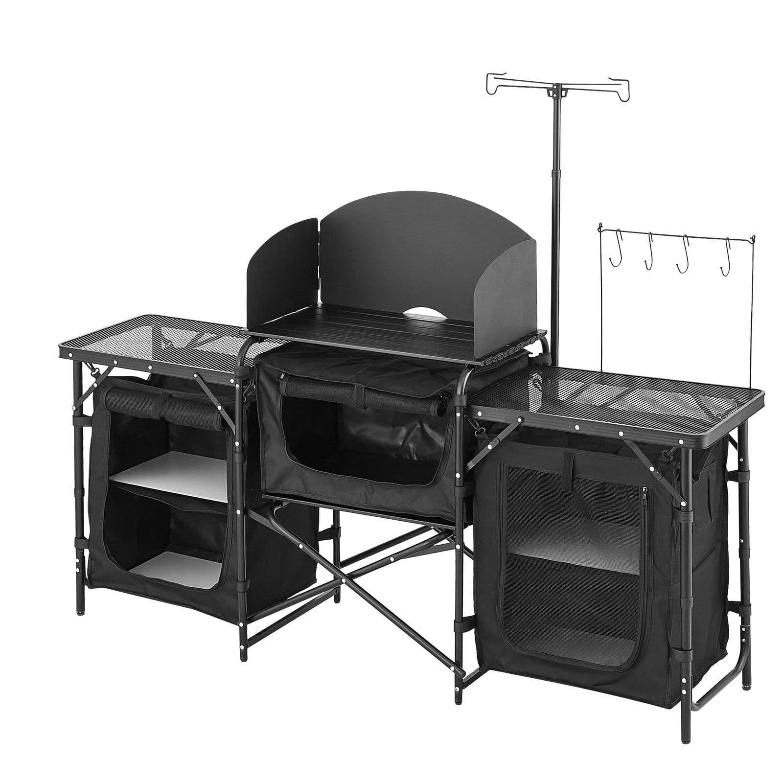 image-VEVOR Camping Kitchen Table, Outdoor Camp Cooking Table, Aluminum Portable Cook Station with 3 Storage Cupboard, Carrying Bag, Detachable Windscreen, Quick Set-up for BBQ Party Picnic RV Travel, Black