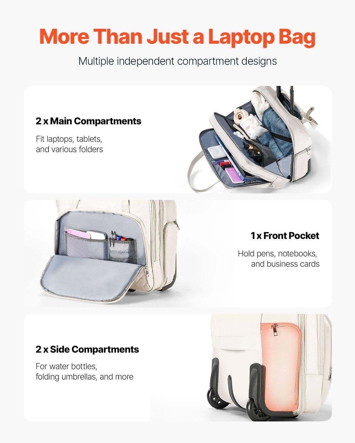 image-VEVOR Rolling Laptop Bag, Fits Up to 15.6 Inch Laptop, Wheeled Briefcase, Roller Computer Tote Bag with 2 Fixed Wheels & Telescoping Handle, Laptop Case for Work Travel Business Office, Women Men
