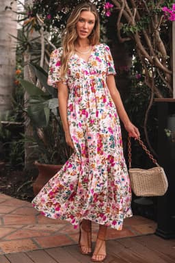 image-Kaitlyn Floral V-Neck Short Sleeve Maxi Dress - High Waist