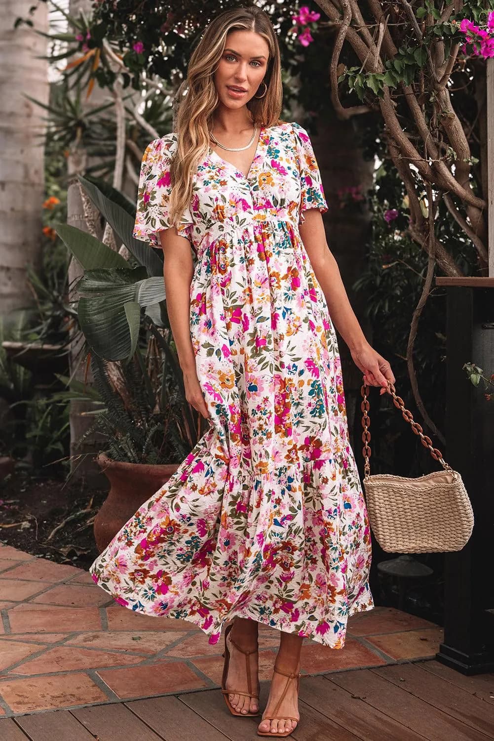 image-Kaitlyn Floral V-Neck Short Sleeve Maxi Dress - High Waist
