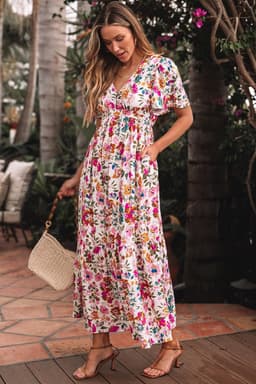 image-Kaitlyn Floral V-Neck Short Sleeve Maxi Dress - High Waist