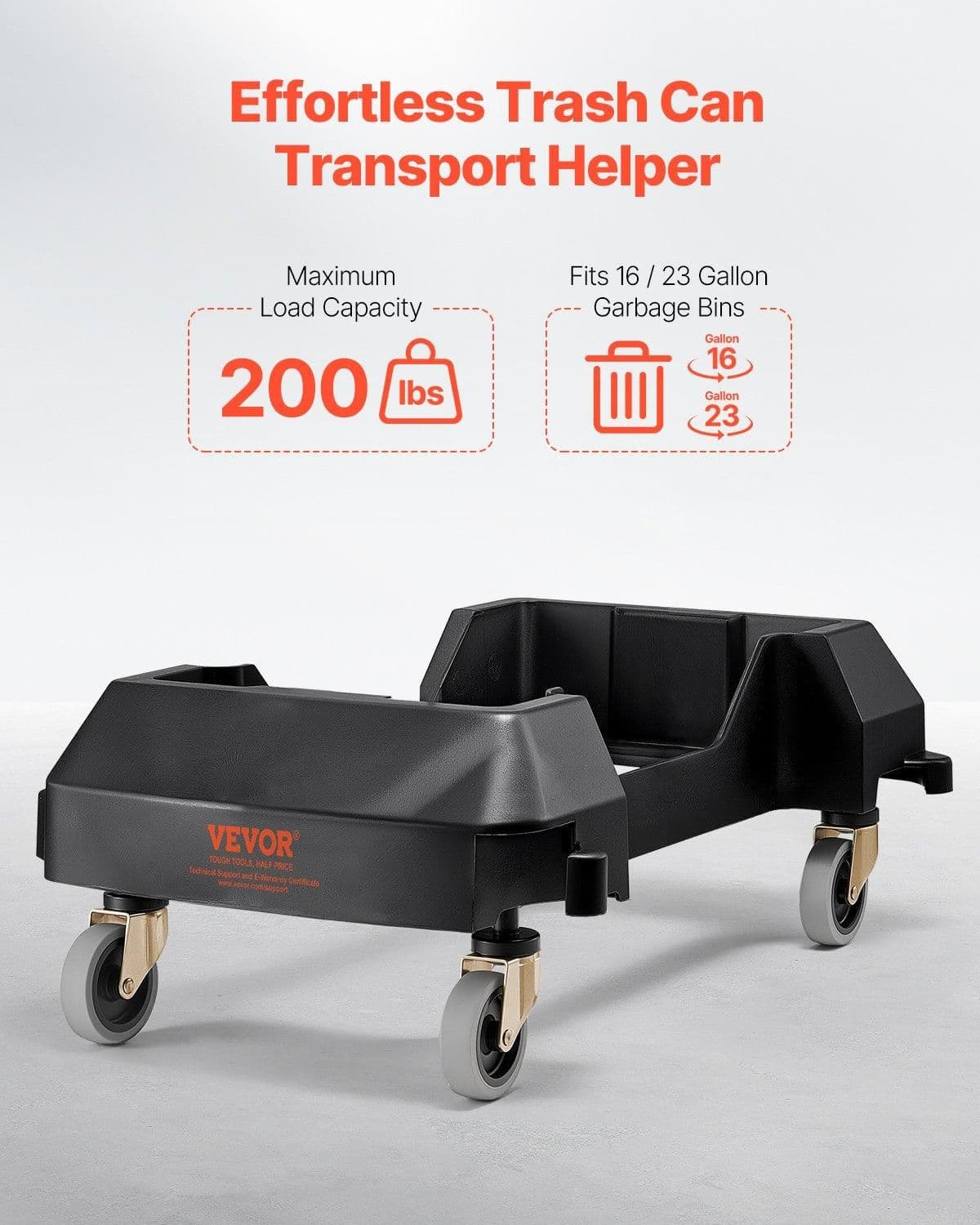 image-VEVOR Trash Can Dolly, Fit 16/23 Gallon Containers, Slim Trash Can Roller Base with 4 Lockable Wheels, 200lbs Weight Capacity, Heavy Duty Barrel Dolly, Smooth & Quiet Rolling Plastic Bin Dolly