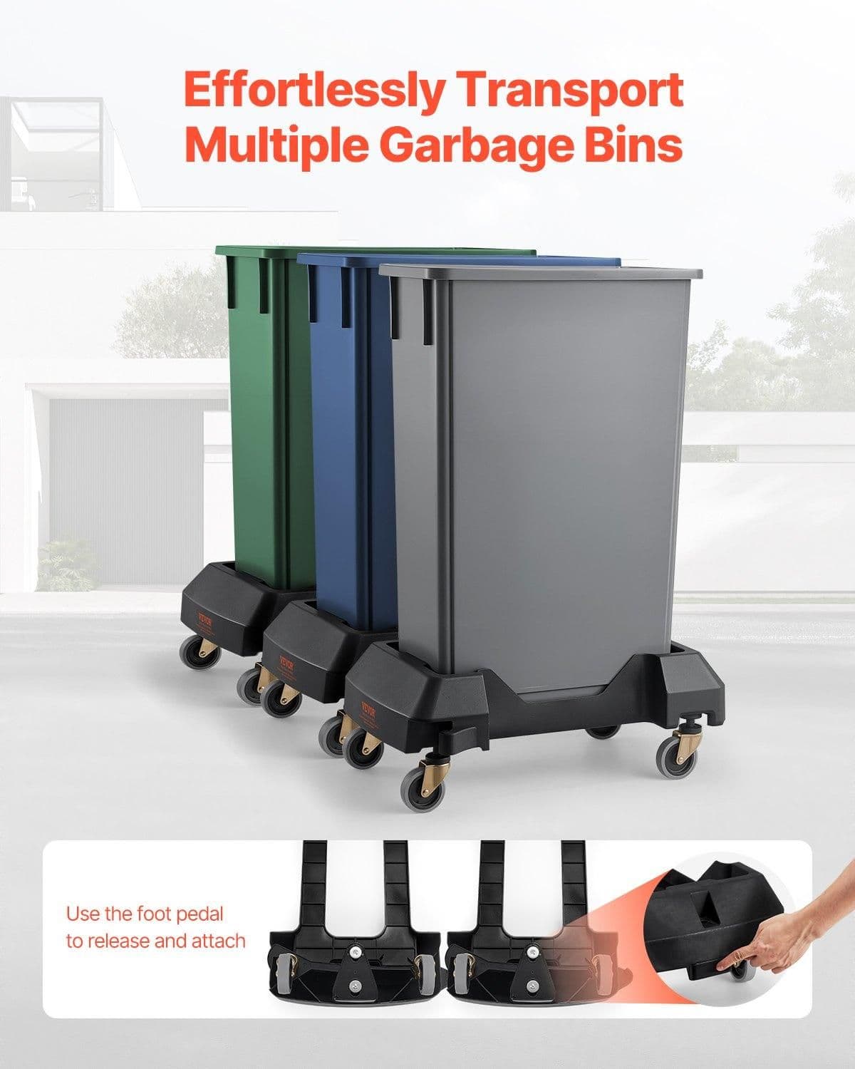 image-VEVOR Trash Can Dolly, Fit 16/23 Gallon Containers, Slim Trash Can Roller Base with 4 Lockable Wheels, 200lbs Weight Capacity, Heavy Duty Barrel Dolly, Smooth & Quiet Rolling Plastic Bin Dolly