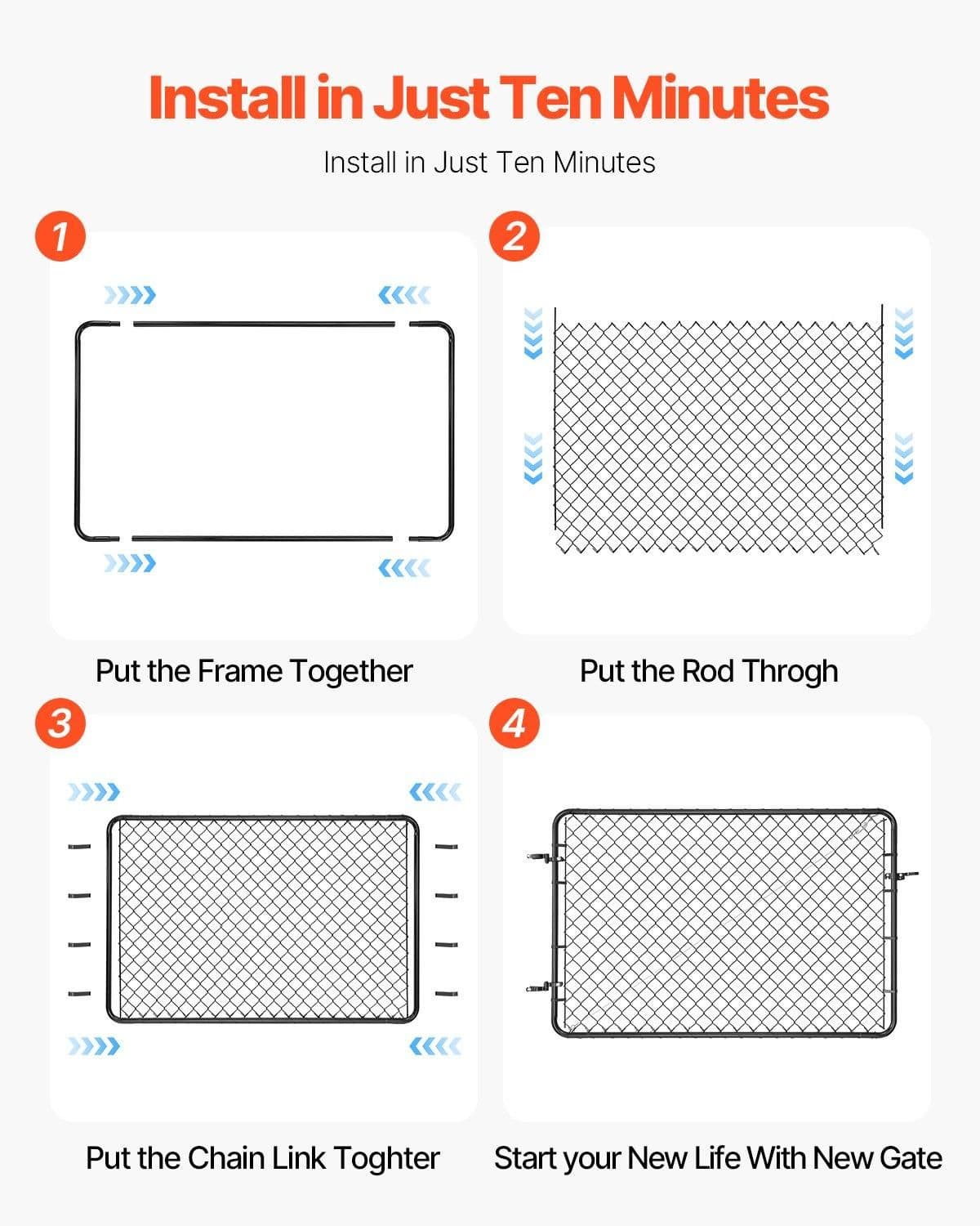 image-VEVOR Chain Link Fence Gate, 72 x 48 in, Adjustable Chain Link Fence Panel, Fit 2.2-6 ft (W) x 6 ft (H) Garden Fence Gate Opening, Fencing Gate with Plastic Coating, for Farm Black, Posts Not Included