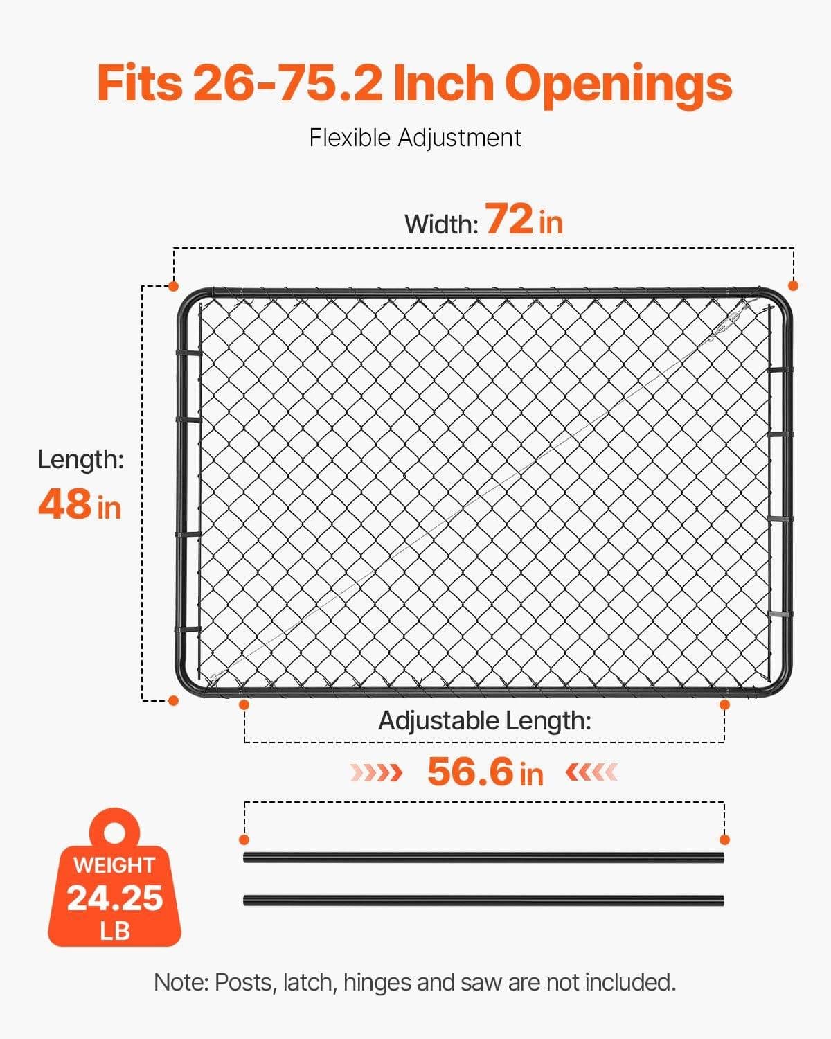image-VEVOR Chain Link Fence Gate, 72 x 48 in, Adjustable Chain Link Fence Panel, Fit 2.2-6 ft (W) x 6 ft (H) Garden Fence Gate Opening, Fencing Gate with Plastic Coating, for Farm Black, Posts Not Included