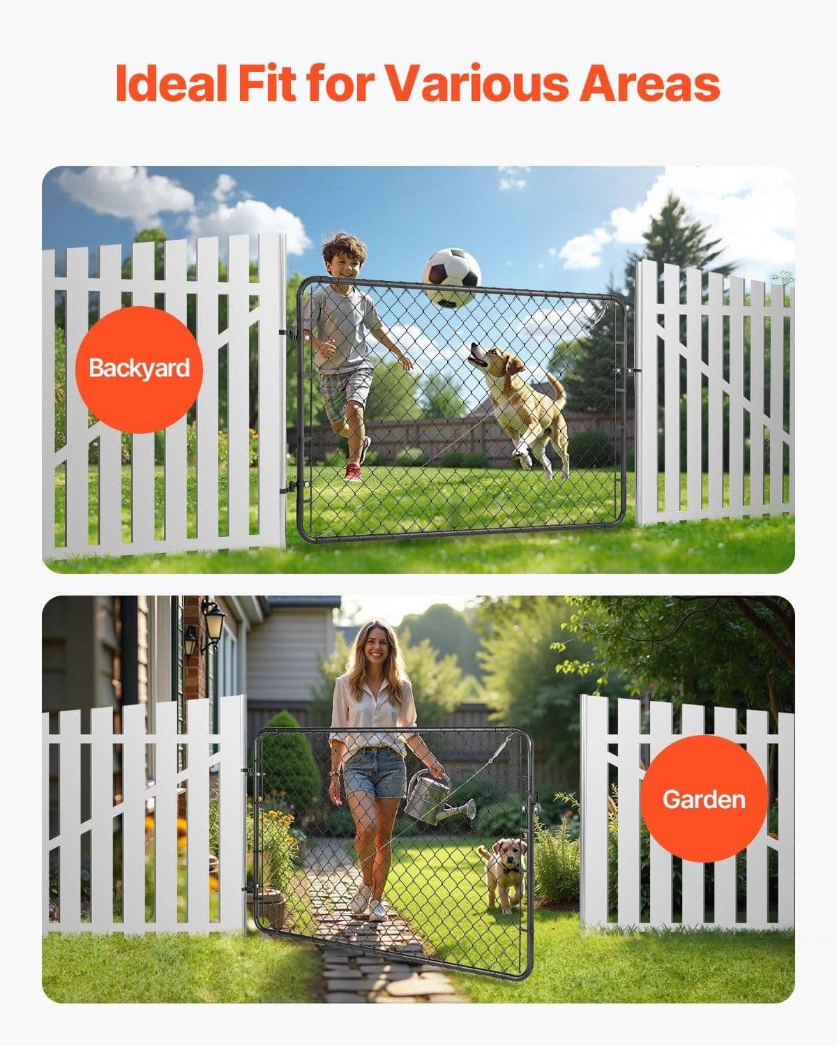 image-VEVOR Chain Link Fence Gate, 72 x 48 in, Adjustable Chain Link Fence Panel, Fit 2.2-6 ft (W) x 6 ft (H) Garden Fence Gate Opening, Fencing Gate with Plastic Coating, for Farm Black, Posts Not Included