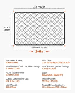 image-VEVOR Chain Link Fence Gate, 72 x 48 in, Adjustable Chain Link Fence Panel, Fit 2.2-6 ft (W) x 6 ft (H) Garden Fence Gate Opening, Fencing Gate with Plastic Coating, for Farm Black, Posts Not Included