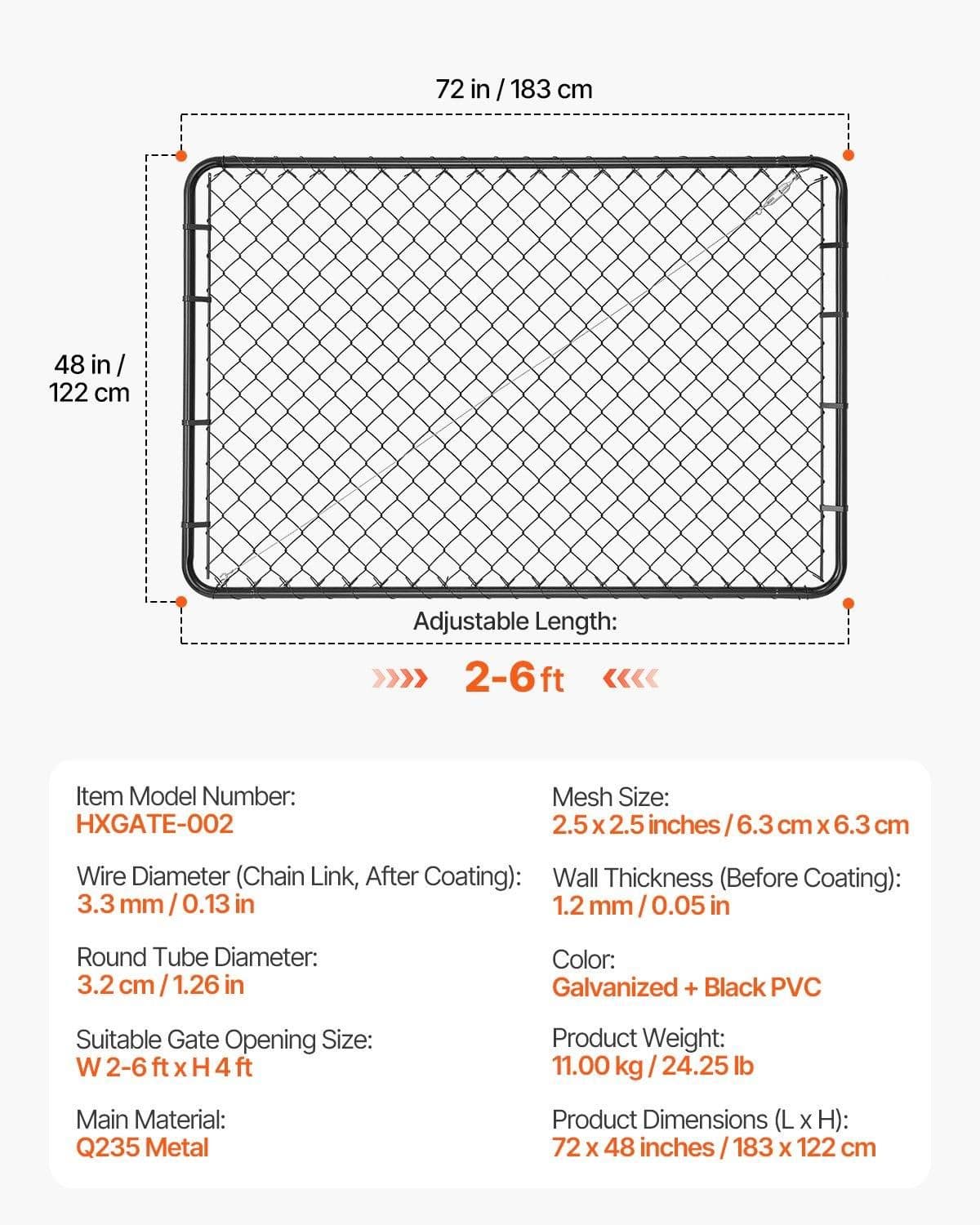 image-VEVOR Chain Link Fence Gate, 72 x 48 in, Adjustable Chain Link Fence Panel, Fit 2.2-6 ft (W) x 6 ft (H) Garden Fence Gate Opening, Fencing Gate with Plastic Coating, for Farm Black, Posts Not Included
