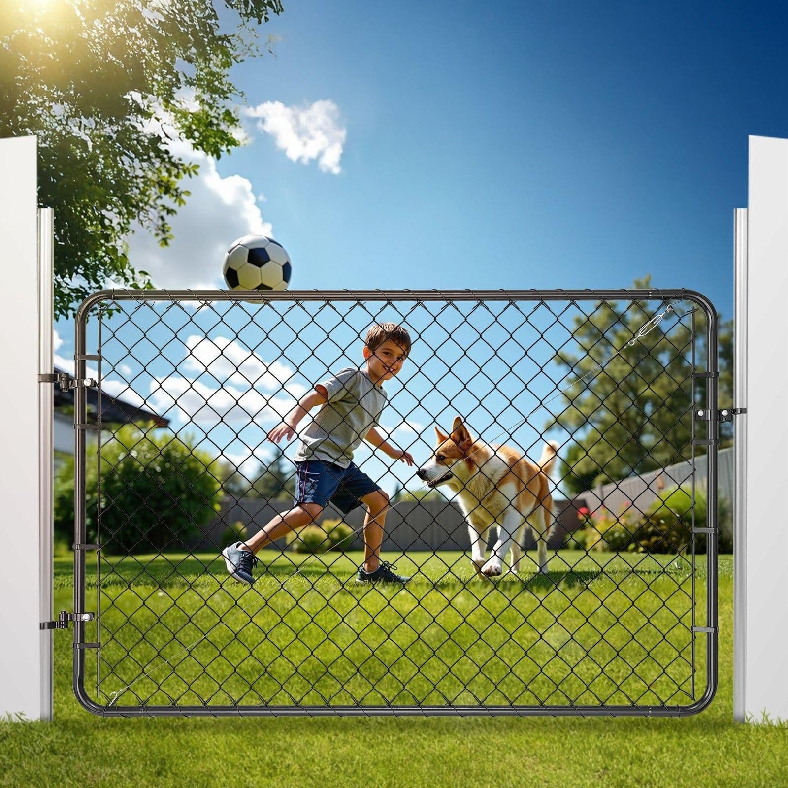 image-VEVOR Chain Link Fence Gate, 72 x 48 in, Adjustable Chain Link Fence Panel, Fit 2.2-6 ft (W) x 6 ft (H) Garden Fence Gate Opening, Fencing Gate with Plastic Coating, for Farm Black, Posts Not Included
