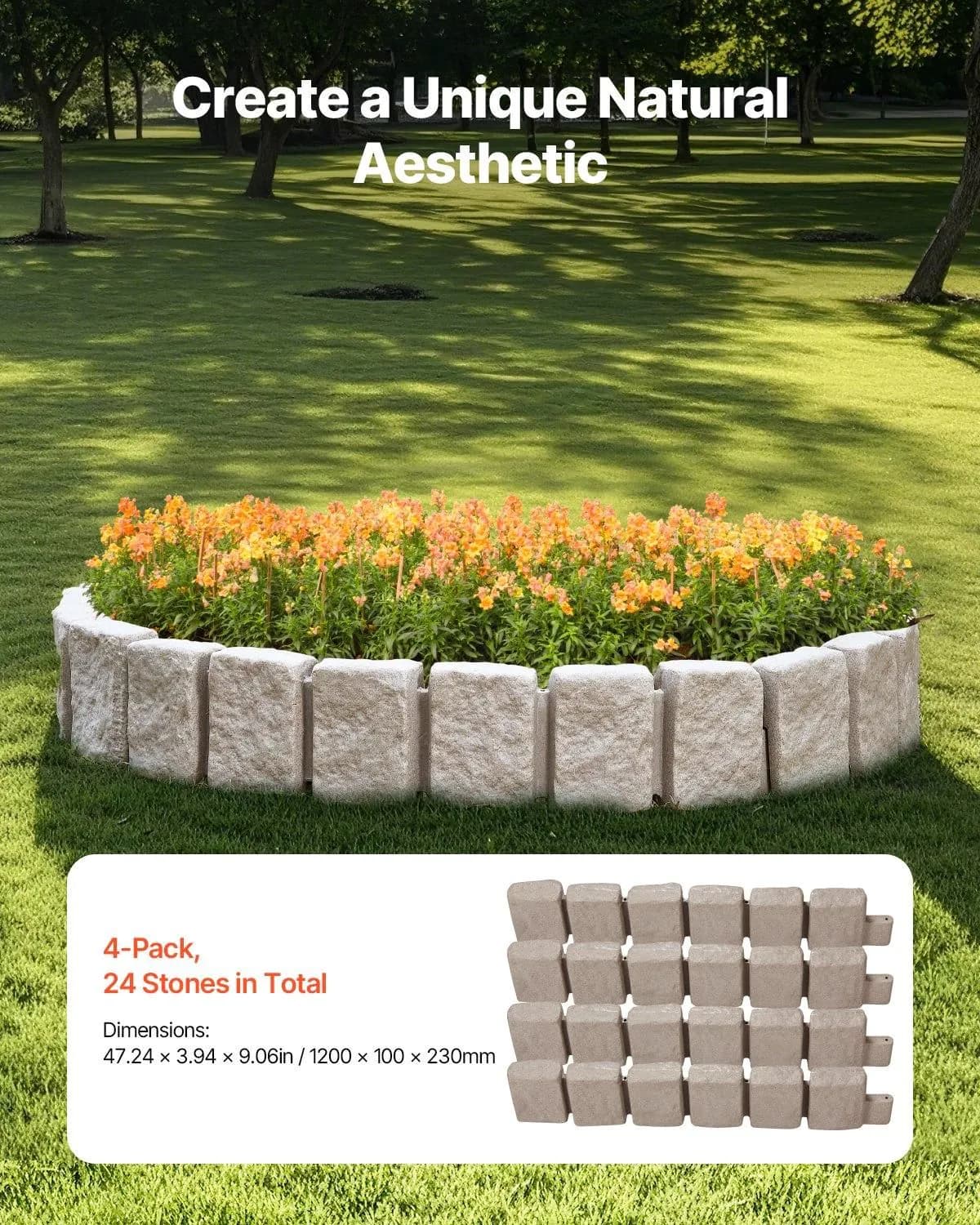 image-VEVOR Faux Stone Landscape Edging, 47.2 x 9 in Realistic Lawn Edging, Flexible Brick-Sized Garden Edging Border with Anchoring Spikes, Fade-Resistant Yard Edging for Driveways Walkway Beige