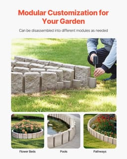 image-VEVOR Faux Stone Landscape Edging, 47.2 x 9 in Realistic Lawn Edging, Flexible Brick-Sized Garden Edging Border with Anchoring Spikes, Fade-Resistant Yard Edging for Driveways Walkway Beige
