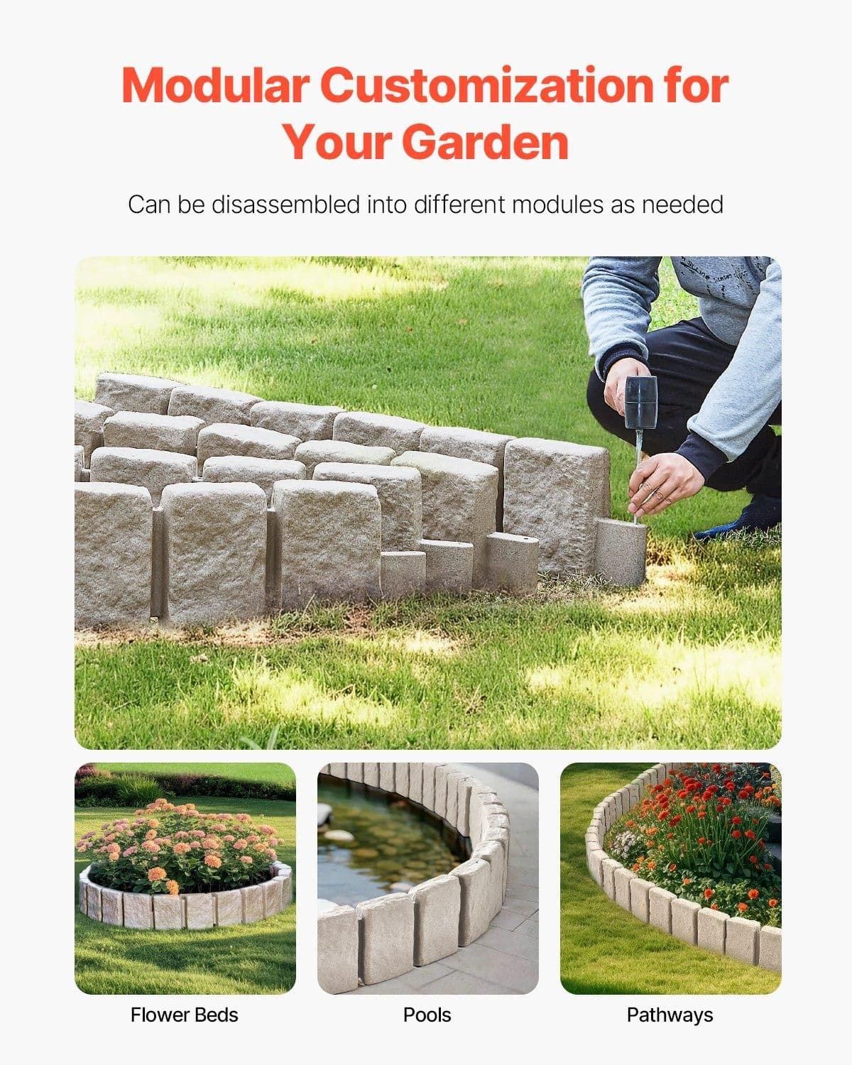 image-VEVOR Faux Stone Landscape Edging, 47.2 x 9 in Realistic Lawn Edging, Flexible Brick-Sized Garden Edging Border with Anchoring Spikes, Fade-Resistant Yard Edging for Driveways Walkway Beige