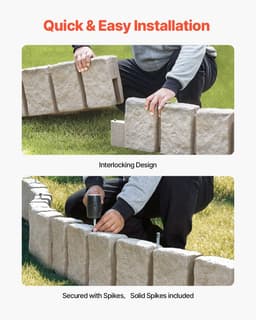 image-VEVOR Faux Stone Landscape Edging, 47.2 x 9 in Realistic Lawn Edging, Flexible Brick-Sized Garden Edging Border with Anchoring Spikes, Fade-Resistant Yard Edging for Driveways Walkway Beige