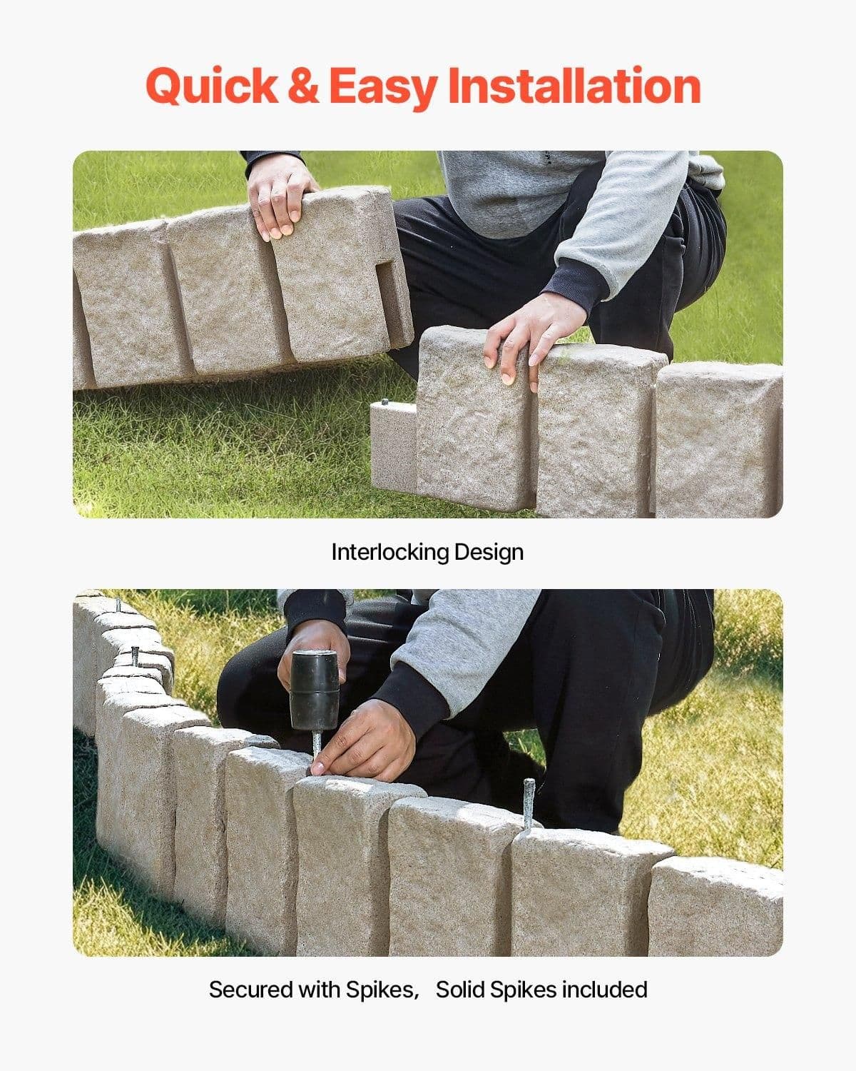 image-VEVOR Faux Stone Landscape Edging, 47.2 x 9 in Realistic Lawn Edging, Flexible Brick-Sized Garden Edging Border with Anchoring Spikes, Fade-Resistant Yard Edging for Driveways Walkway Beige