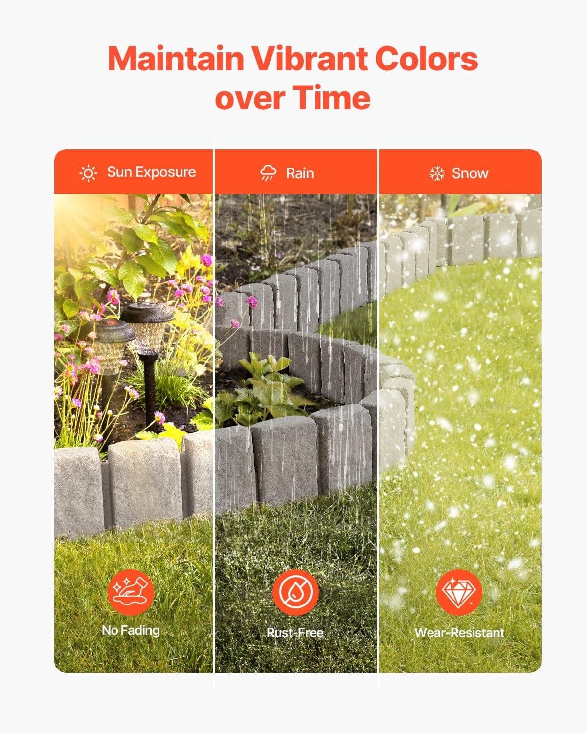 image-VEVOR Faux Stone Landscape Edging, 47.2 x 9 in Realistic Lawn Edging, Flexible Brick-Sized Garden Edging Border with Anchoring Spikes, Fade-Resistant Yard Edging for Driveways Walkway Beige