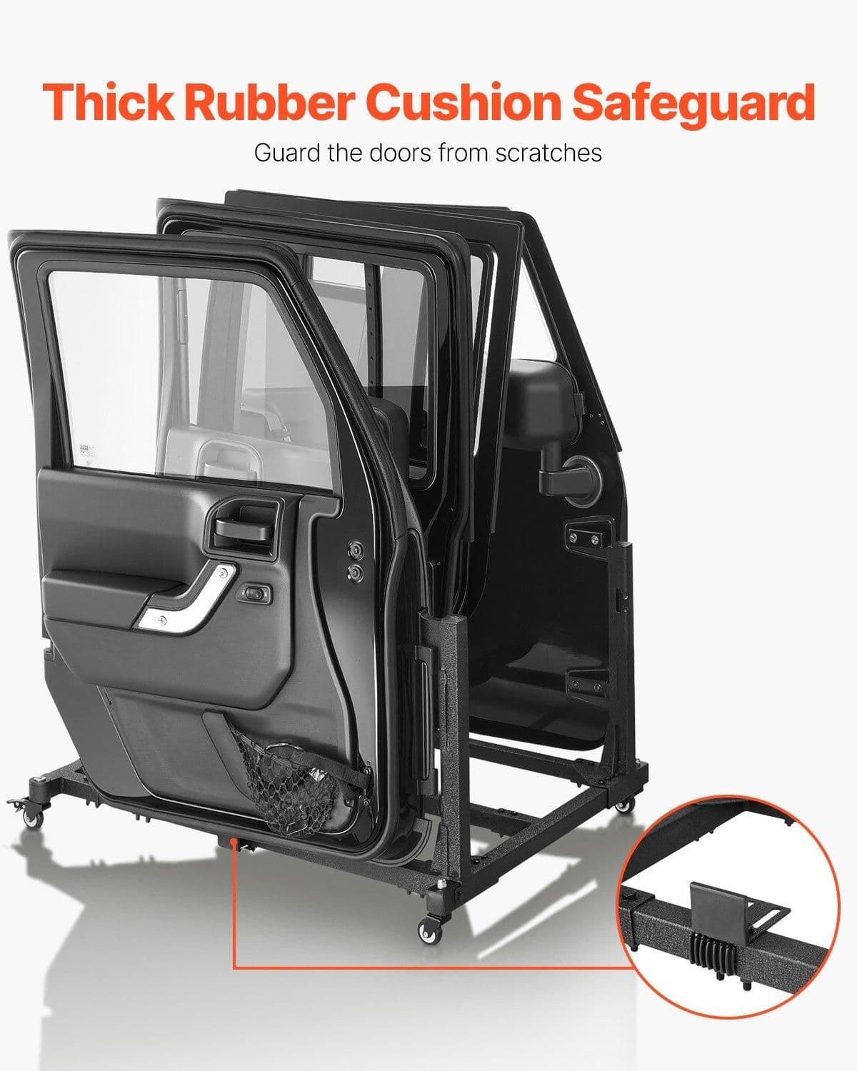 image-VEVOR Jeep Door Storage Cart, 4 Doors Moveable Storage Cart Rack with Thickened Rubber Cushion, Sturdy Car Door Holder Cart Fit for Jeep Wrangler JK JKU JL Gladiator