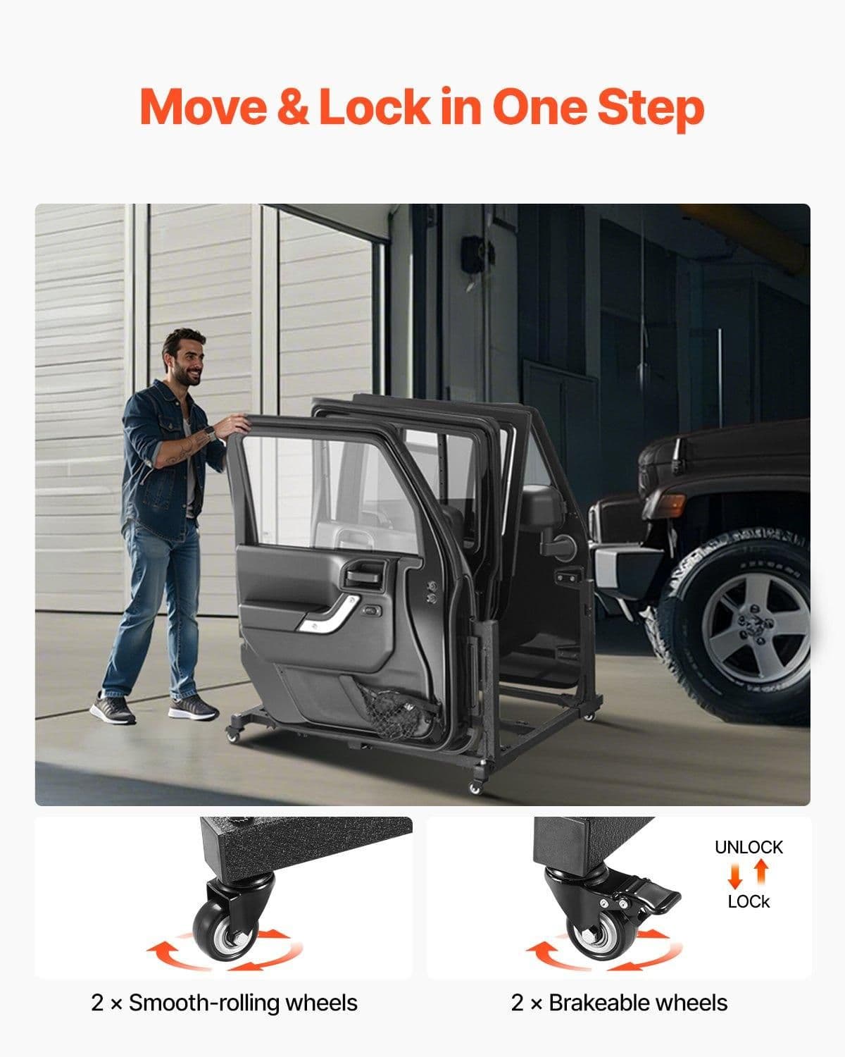 image-VEVOR Jeep Door Storage Cart, 4 Doors Moveable Storage Cart Rack with Thickened Rubber Cushion, Sturdy Car Door Holder Cart Fit for Jeep Wrangler JK JKU JL Gladiator