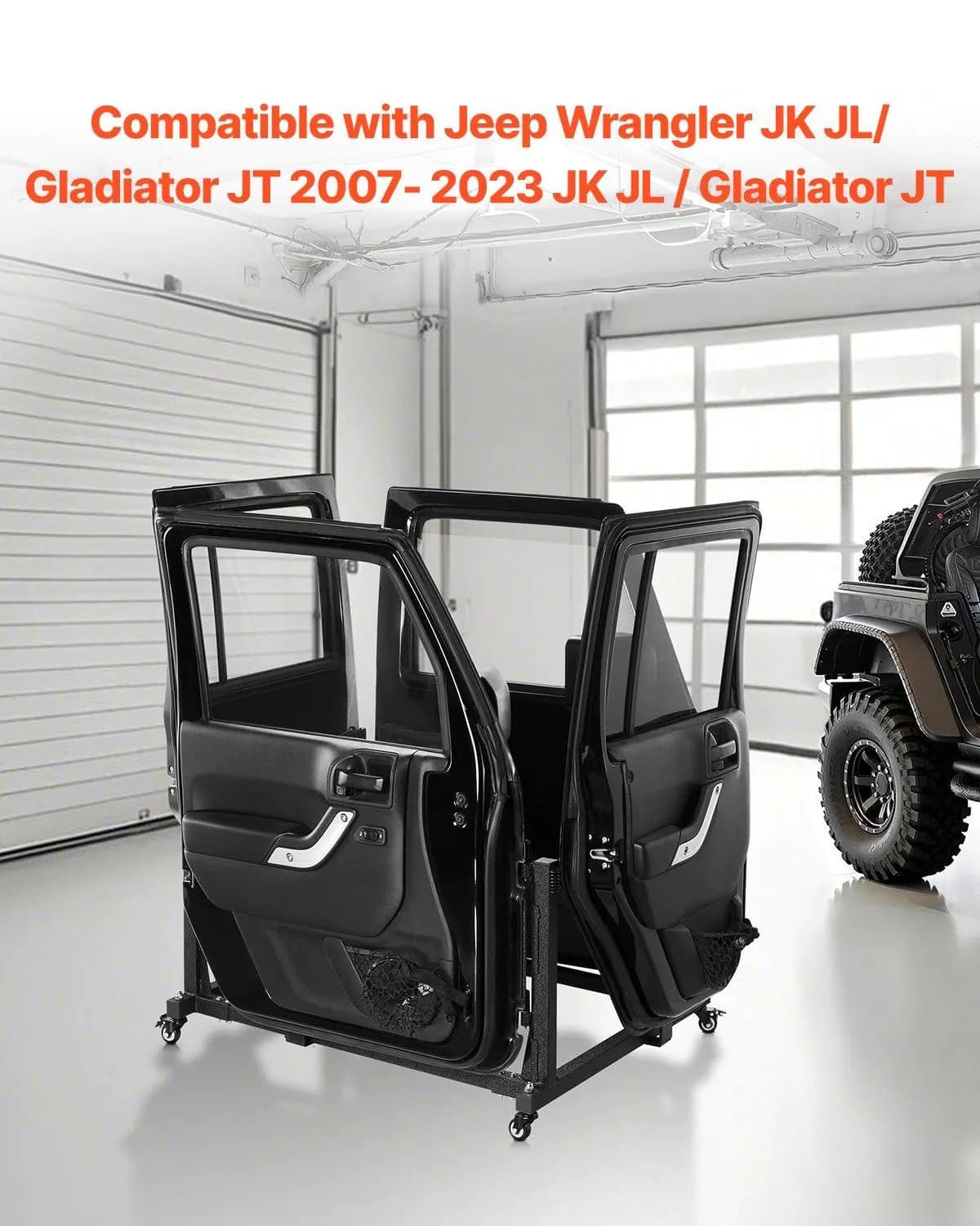 image-VEVOR Jeep Door Storage Cart, 4 Doors Moveable Storage Cart Rack with Thickened Rubber Cushion, Sturdy Car Door Holder Cart Fit for Jeep Wrangler JK JL/Gladiator JT 2007- 2023 JK JL / Gladiator JT