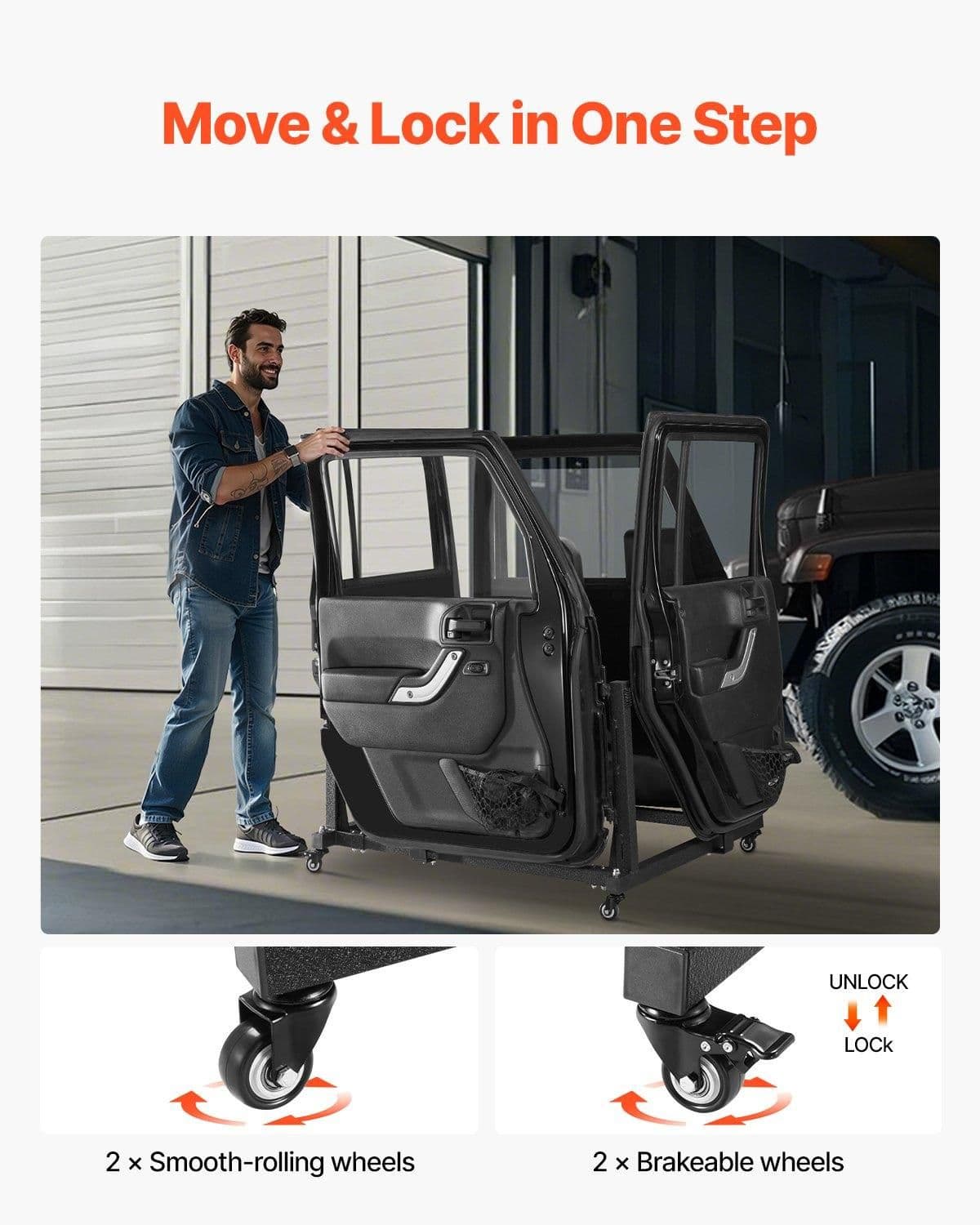 image-VEVOR Jeep Door Storage Cart, 4 Doors Moveable Storage Cart Rack with Thickened Rubber Cushion, Sturdy Car Door Holder Cart Fit for Jeep Wrangler JK JL/Gladiator JT 2007- 2023 JK JL / Gladiator JT