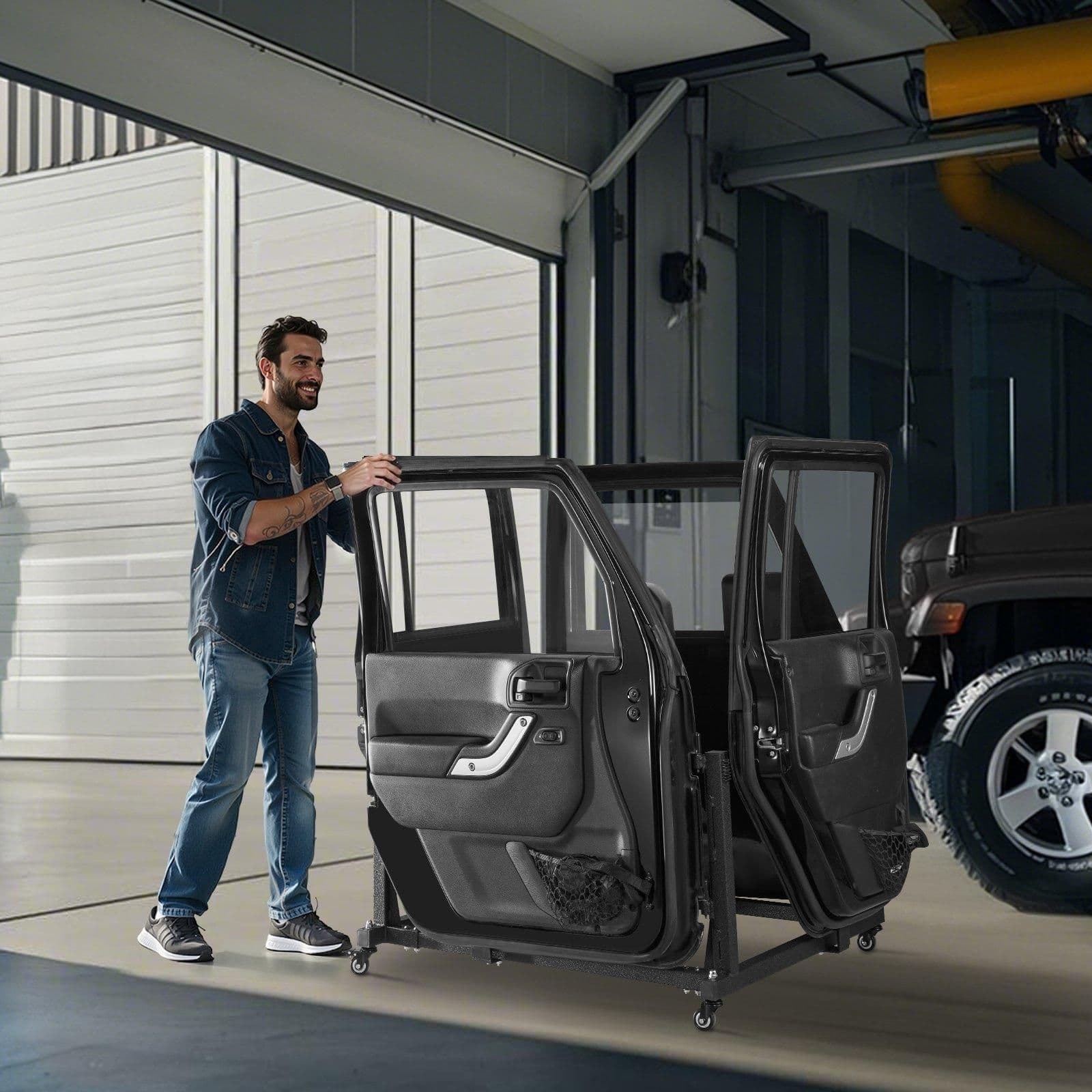 image-VEVOR Jeep Door Storage Cart, 4 Doors Moveable Storage Cart Rack with Thickened Rubber Cushion, Sturdy Car Door Holder Cart Fit for Jeep Wrangler JK JL/Gladiator JT 2007- 2023 JK JL / Gladiator JT
