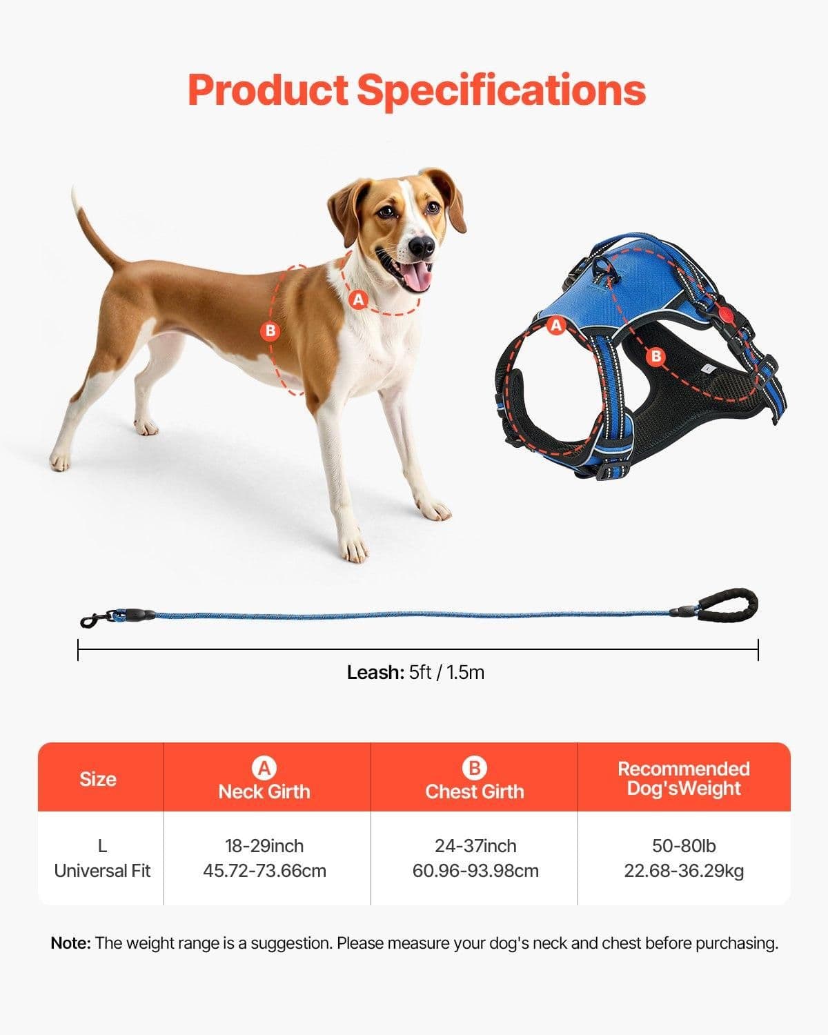 image-VEVOR Dog Harness for Large Dogs, No Pull Adjustable Dog Vest Pet Harness, with 5ft Leash, Handle, Metal Rings, Buckles, Reflective Stitching 600D Oxford Fabric, for Training, Walking, and Hiking