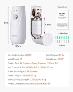 image-VEVOR Automatic Air Freshener Spray Dispenser, 4-Pack, Wall Mounted or Free Standing, Battery Operated, Multiple Time Settings for Home, Indoor, Bathrooms, Offices, Hotels, Commercial Places, White