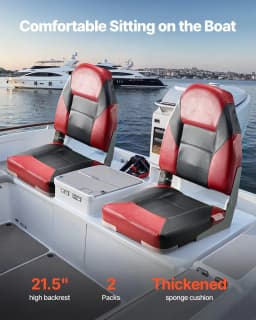 image-VEVOR Boat Seat, High Backrest, Folding Fishing Boat Seat with Thickened Sponge Cushion & Waterproof PVC Leather, Aluminum Alloy Hinges, Flip Up Boat Seat for Boats, Yachts, Ships, Black & Red