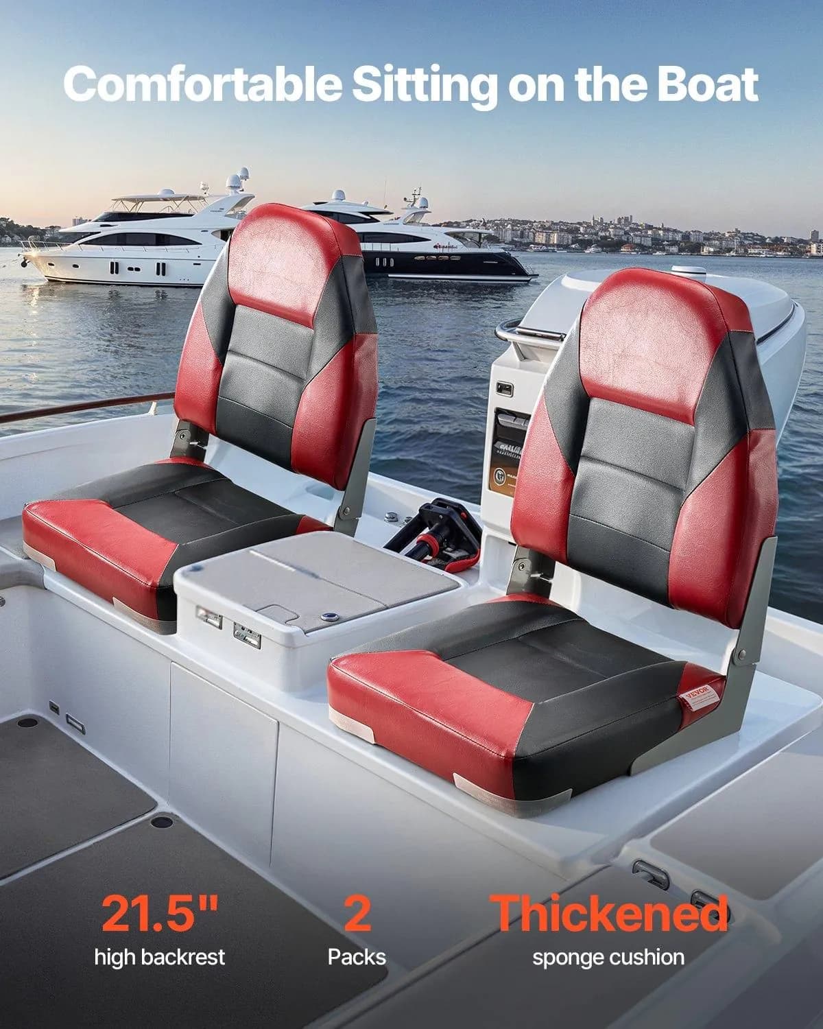 image-VEVOR Boat Seat, High Backrest, Folding Fishing Boat Seat with Thickened Sponge Cushion & Waterproof PVC Leather, Aluminum Alloy Hinges, Flip Up Boat Seat for Boats, Yachts, Ships, Black & Red
