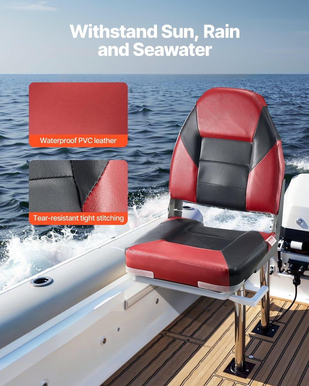 image-VEVOR Boat Seat, High Backrest, Folding Fishing Boat Seat with Thickened Sponge Cushion & Waterproof PVC Leather, Aluminum Alloy Hinges, Flip Up Boat Seat for Boats, Yachts, Ships, Black & Red