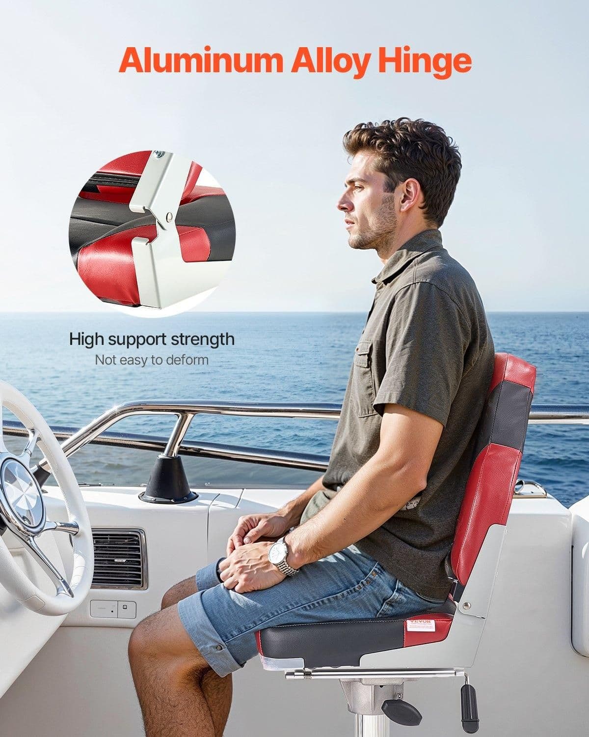 image-VEVOR Boat Seat, High Backrest, Folding Fishing Boat Seat with Thickened Sponge Cushion & Waterproof PVC Leather, Aluminum Alloy Hinges, Flip Up Boat Seat for Boats, Yachts, Ships, Black & Red