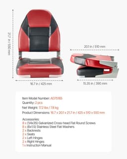 image-VEVOR Boat Seat, High Backrest, Folding Fishing Boat Seat with Thickened Sponge Cushion & Waterproof PVC Leather, Aluminum Alloy Hinges, Flip Up Boat Seat for Boats, Yachts, Ships, Black & Red