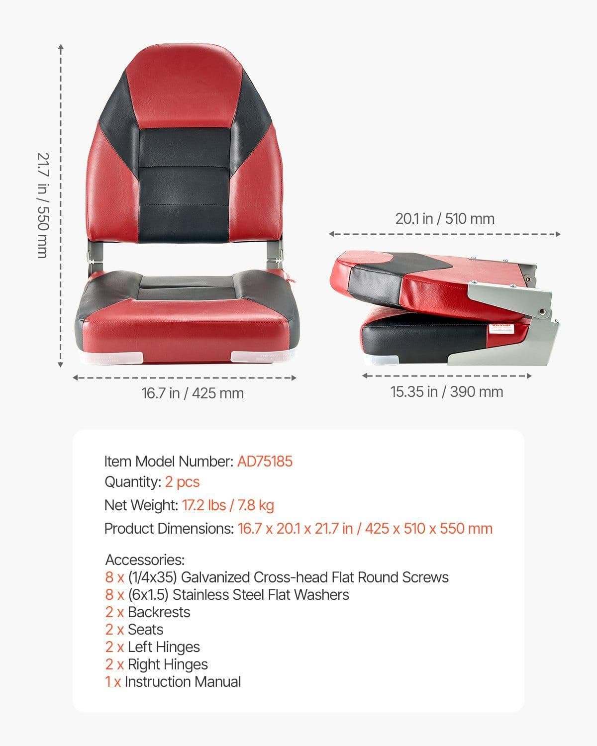 image-VEVOR Boat Seat, High Backrest, Folding Fishing Boat Seat with Thickened Sponge Cushion & Waterproof PVC Leather, Aluminum Alloy Hinges, Flip Up Boat Seat for Boats, Yachts, Ships, Black & Red